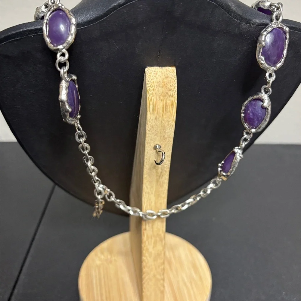 Purple Stone Linked Silver Tone Necklace Geometric Long Native American Western